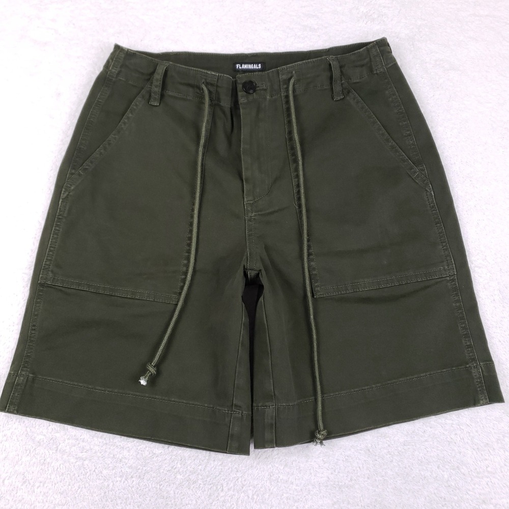 Flamingals Olive Green Utility Shorts High Rise Stretch Cotton Cargo Size M